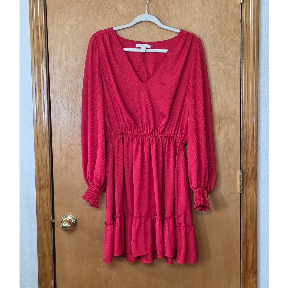 Chelsea & Violet Red Jacquard Swiss Dot Mini Dress V-Neck Smocked Waist Large